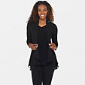 Susan Graver Liquid Knit Peplum Back Top with Chiffon Overlay /Black, X-Large